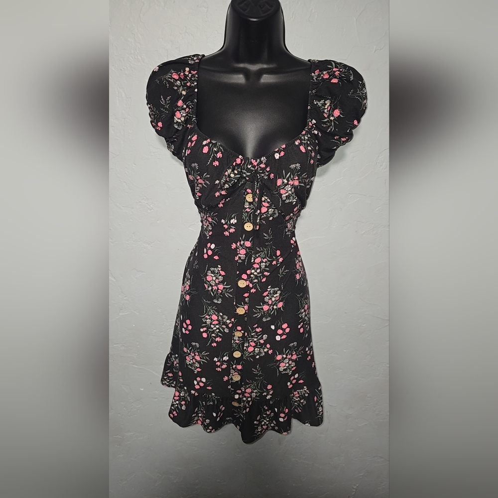 Floral Black and Pink Button-Down Dress